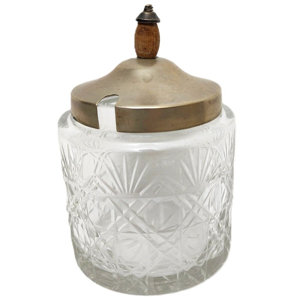 Sugar Cube Crystal Cut Glass Jar EPNS w/Metal & Wood Pull Lid RARE Antique